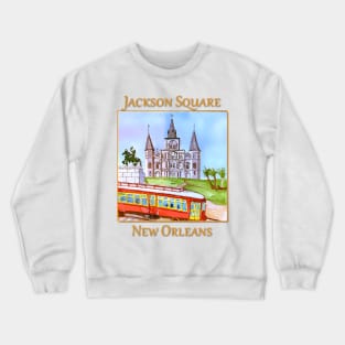 St. Louis Cathedral, and street car as seen in Jackson Square New Orleans Crewneck Sweatshirt